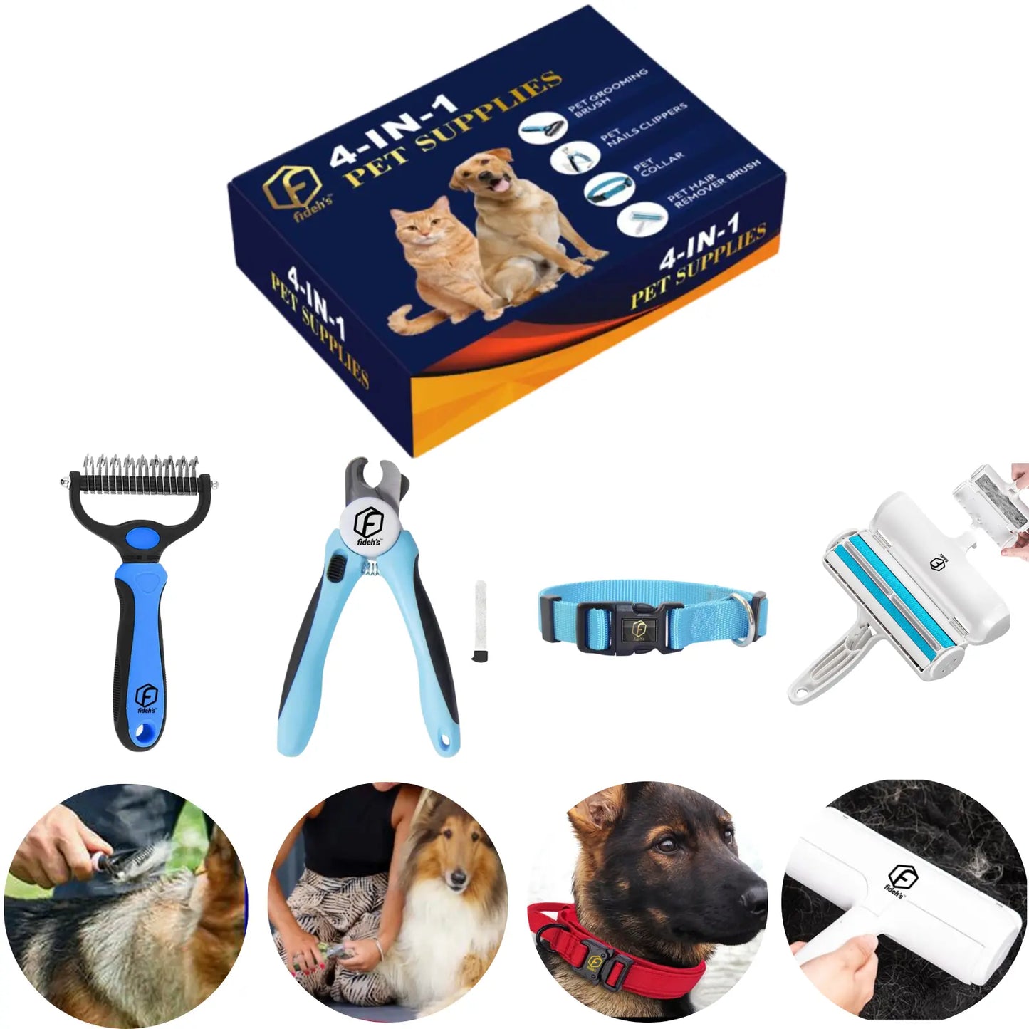 FIDEH 4-in-1 Professional Pet Care Set: Reusable Hair Remover Brush, Double-Sided Shedding Tool, Nail Clippers, and Nylon Collar for Medium Dogs (4 Pieces, Pink)