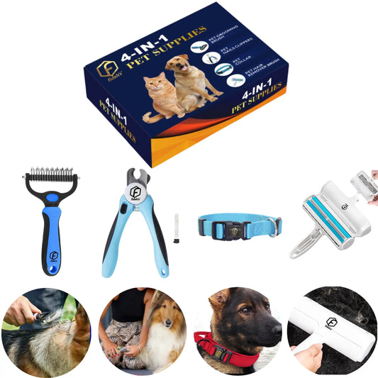 FIDEH 4-in-1 Professional Pet Care Set: Reusable Hair Remover Brush, Double-Sided Shedding Tool, Nail Clippers, and Nylon Collar for Medium Dogs (4 Pieces, Pink)