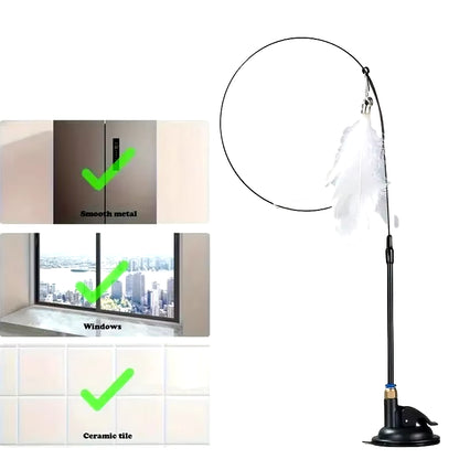 Interactive Cat Teaser Toy with Bell & Feather Wand - Long Suction Cup Pole for Engaging Playtime Experiences