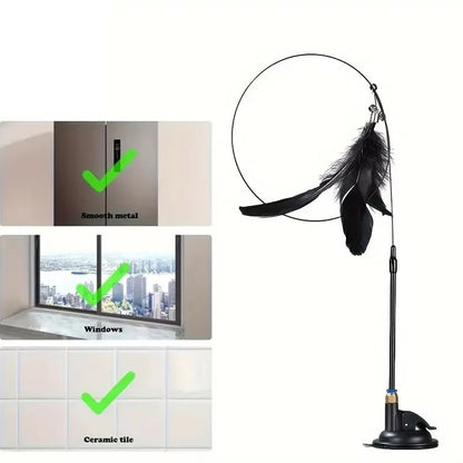 Interactive Cat Teaser Toy with Bell & Feather Wand - Long Suction Cup Pole for Engaging Playtime Experiences
