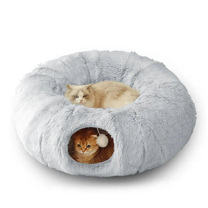 Premium Dual-Function Plush Cat Tunnel Bed with Cozy Donut Design, Enclosed Hideaway Play Area, and Non-Slip Base, Ideal for Multi-Cat Households