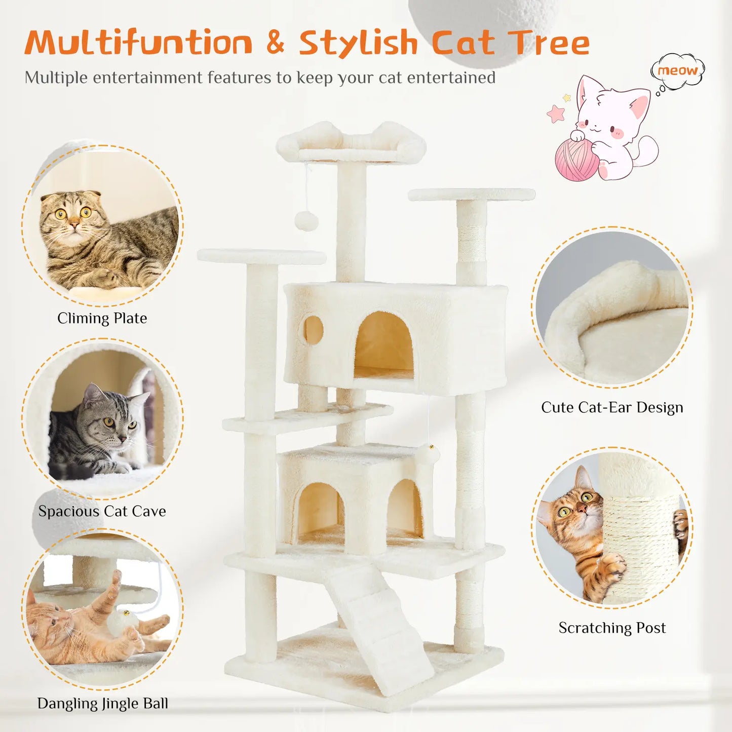 Pettrove Multi-Tier Indoor Cat Tree with Sisal Scratching Post, Condo, Climbing Ladder, and Plush Toy